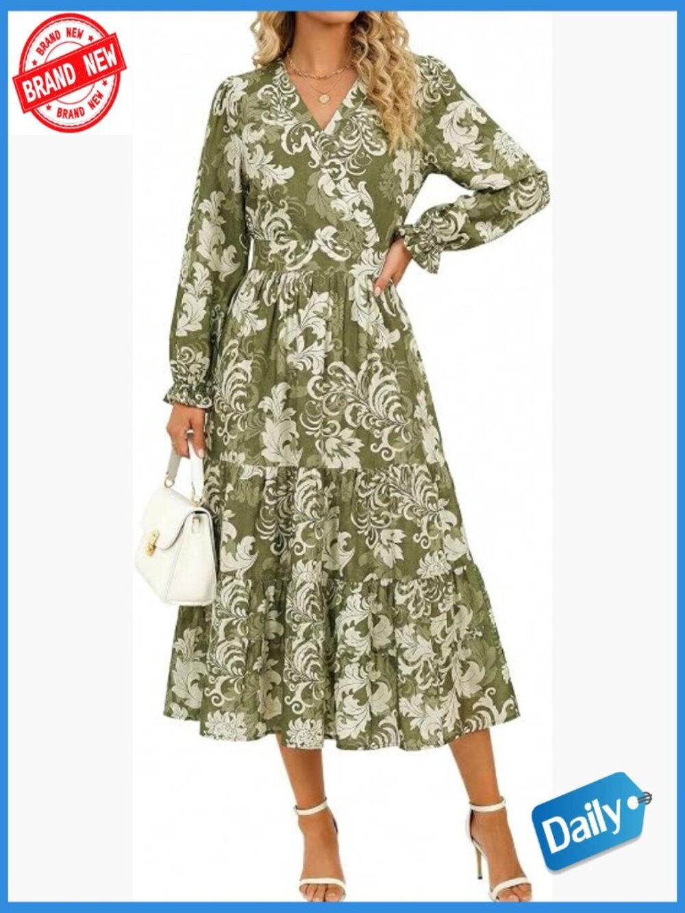 Boho Floral Midi Dress V Neck Long Sleeve Flowy Casual Wedding Guest Dress